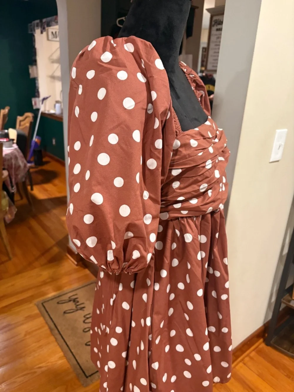 Abercrombie and Fitch Emerson Brown Polka Dot Poplin Puff Sleeve Dress Size Med - Picture 4 of 6